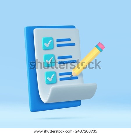 3d paper clipboard task management todo check list with pencil, pencil note, exam paper checklist icon. 3D Rendering. Vector illustration