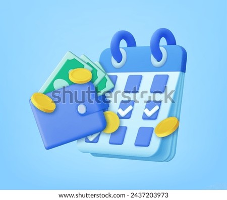 3D Calendar with Wallet and Money Coin. Check in every day and get bonus and cash prize. Plan payment concept. 3d rendering. Vector illustration