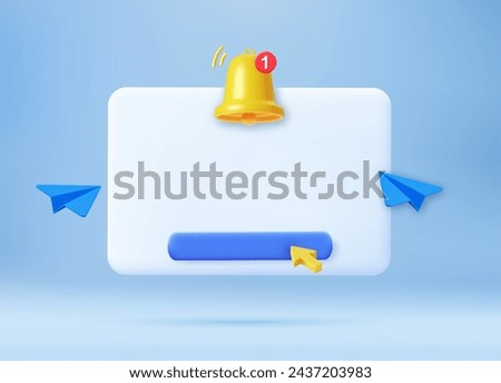 3d render Empty reminder popup, push notification icon with Cute yellow bell. 3D Model render for design. Email web symbol, mobile phone app, template, copy space. Vector illustration