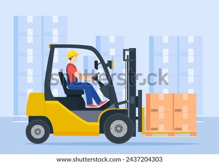 Yellow forklift truck with driver. electric uploader. Delivery, logistic and shipping cargo. Warehouse and storage equipment. Vector illustration in flat style