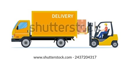 Forklift loading pallet boxes into truck. Electric uploader loading cardboard boxes in delivery car. Logistic shipping cargo. Storage equipment. Vector illustration in flat style