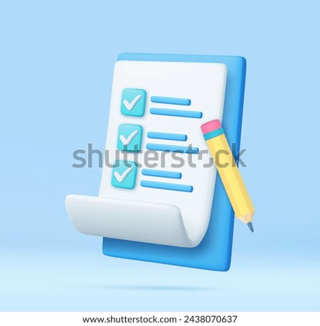 3d paper clipboard task management todo check list with pencil, pencil note, exam paper checklist icon. 3D Rendering. Vector illustration
