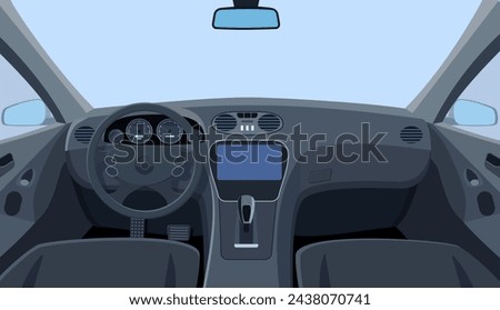 Car salon. View from inside of vehicle. Control panel and windscreen view from front seats. Dashboard and steering wheel in car. Vector illustration in flat style