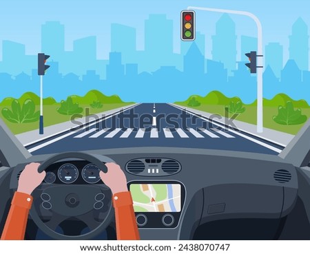 Hands driving a car on the street. city road on crosswalk with traffic lights. markings and sidewalk for pedestrians. Vector illustration in flat style