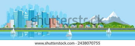 Landscape with buildings, mountains, river and hills. city concept and suburban life. City street, skyscrapers and suburb with private houses and car Vector illustration in flat style