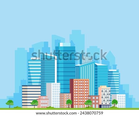 Landscape with buildings. city concept and suburban life. City street, large modern buildings, skyscrapers. Vector illustration in flat style