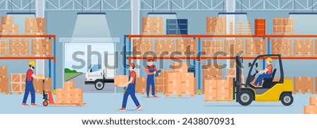 Warehouse interior with cardboard boxes and cargo truck. Staff surrounded by boxes on rack and transport of storehouse interior. pallet trucks, forklift truck. Vector illustration in flat style