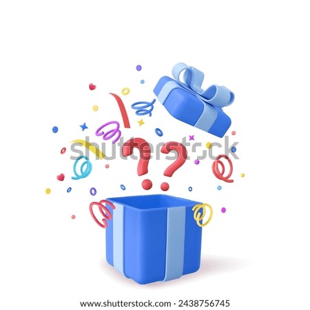 3d Mystery Gift Box. Open gift box with a Question Mark, Lucky Gift or Other Surprise. 3d rendering. Vector illustration