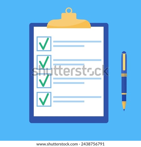 Clipboard with green ticks checkmarks and pen. Checklist, complete tasks, to-do list, survey, exam concepts. Vector illustration in flat style