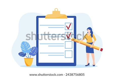 Positive business woman with a giant pencil on his shoulder nearby marked checklist on a clipboard paper. Task done business concept. Vector illustration in flat style