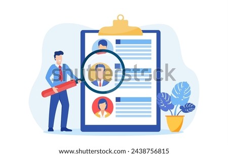 Headhunters searching for employee. man worker of recruiting service with magnifying glass looking for best candidate cv, recruitment agency. Vector illustration in flat style