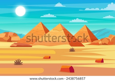 Egyptian desert with pyramids. Giza plateau landscape with egyptian pharaohs pyramids. Ancient historical, famous touristic attractions in african desert. Vector illustration in flat style