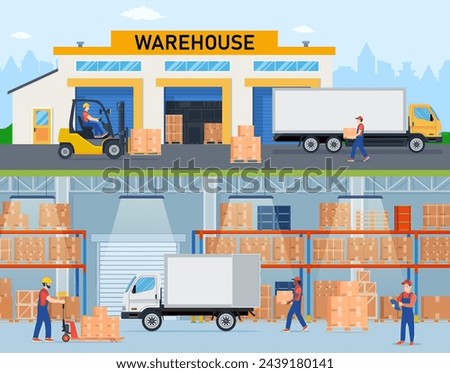 Warehouse horizontal banners with storage workers engaged in loading and unloading of goods. Interior and exterior with trucs and people.Vector illustration in flat style