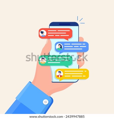 Online chat messages text notification on mobile phone. Hand holds smartphone sms speech bubbles push alerts on screen, digital or electronic chatting on cellphone. Vector illustration in flat style