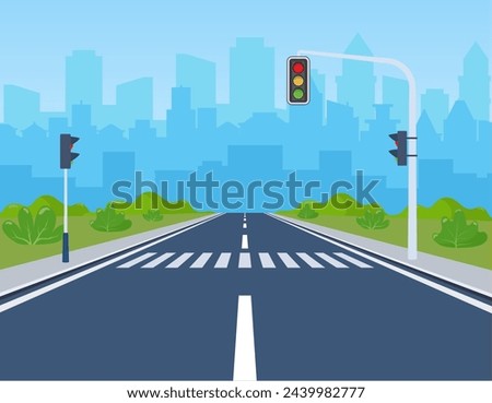 city road on crosswalk with traffic lights. markings and sidewalk for pedestrians. without any cars and people. Cityscape, empty street, highway, urban concept. Vector illustration in flat style