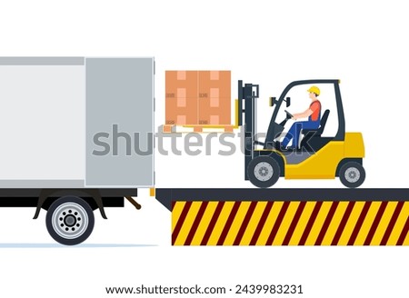 Forklift loading pallet boxes into truck. Warehouseman with checklist. Electric uploader loading cardboard boxes in delivery car. Logistic shipping cargo. Vector illustration in flat style