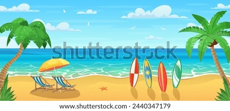 Summertime on the beach with many surfboards. cartoon Palms and plants around. Summer vacation on sea coast. Tropical paradise sandy beach, palm trees and sea. Vector illustration in flat style