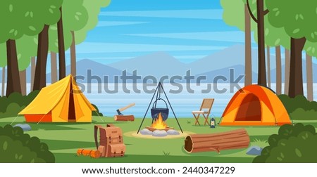 Summer camp in forest with bonfire, tent, backpack and lantern. cartoon landscape with mountain, forest and campsite. Equipment for travel, hiking. Vector illustration in flat style