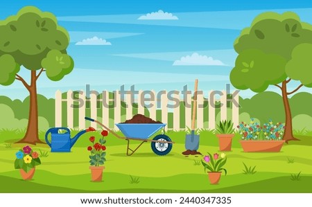 garden with green grass, flowers, garden wheelbarrow, shovel. garden concept. Banner with Spring or summer landscape. vector illustration in flat design