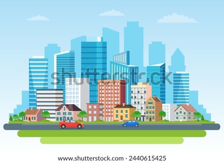 Landscape with buildings, mountains and hills. city concept and suburban life. City street, large modern buildings, skyscrapers and suburb with private houses and car Vector illustration in flat style