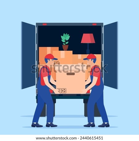 Delivery service concept. moving house. Man with cardboard boxes. Truck for transportation of goods loaded with cardboard boxes. Delivery truck with a bunch of boxes. Vector illustration in flat style