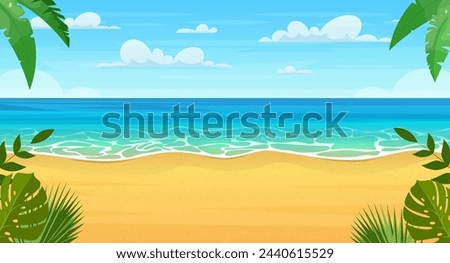 Summertime on the beach. cartoon Palms and plants around. Summer vacation on sea coast. Tropical paradise island sandy beach, palm trees and sea. Vector illustration in flat style