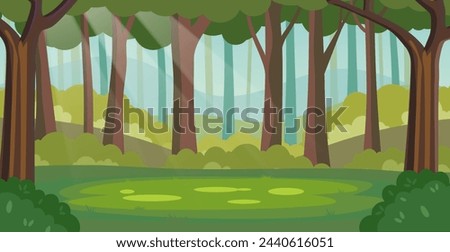 magic summer jungle forest glade with sunbeams. Cartoon forest background, nature landscape with trees, green grass, bushes. Scenery view, summer or spring wood. Vector illustration in flat style