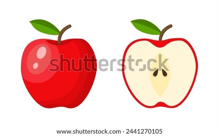 red apple food icon. Green apple fruit whole and half. Summer fruits for healthy lifestyle. Vector illustration in flat style