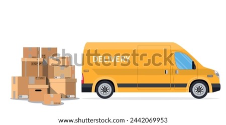 delivery truck van and cardboard boxes with fragile signs isolated on white background. Online delivery service concept. delivery home and office. Fast service truck. Vector illustration in flat style