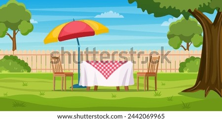 House backyard with green grass lawn, trees and bushes. Cartoon table and chairs garden modern furniture with large umbrella. Outdoor area for BBQ summer parties. Vector illustration in flat style