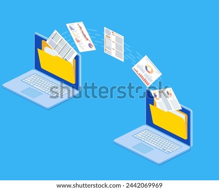 isometric File transfer. Two laptops with folders on screen and transferred documents. Copy files, data exchange, backup, PC migration, file sharing concepts. vector illustration in flat design