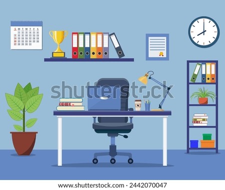 Office interior concept. Modern business workspace with office furniture chair, desk, bookcase, clock on the wall. vector illustration in flat design.