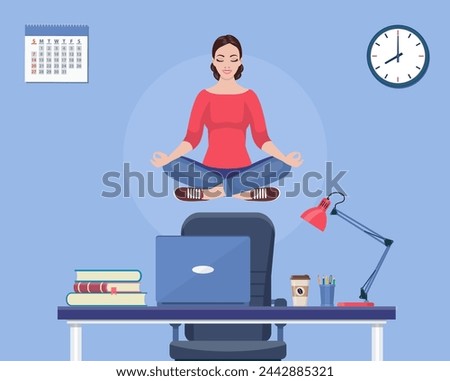 Businesswoman doing yoga to calm down the stressful emotion from hard work in office over desk with office Concept of meditation . Vector illustration in flat style