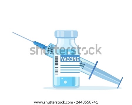 Bottle and syringe with blue vaccine injection Syringe for injection and vaccine bottles isolated icon. Vector illustration in a flat style