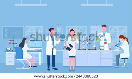 Scientists in lab. Scientist people wearing lab coats, science researches and chemical laboratory experiments. Chemistry laboratories, microbiology research. Vector illustration in flat style.