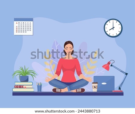 Businesswoman doing yoga to calm down the stressful emotion from hard work in office over desk with office Concept of meditation . Vector illustration in flat style