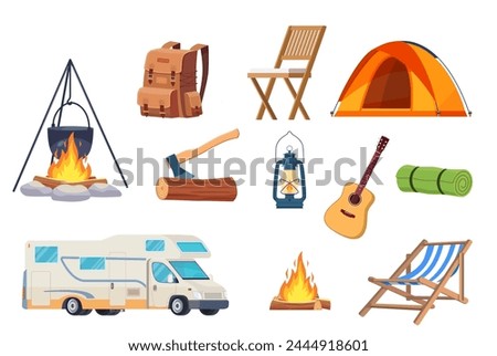 cartoon set of camping elements. Summer camp with tent, bonfire, backpack and van. Equipment for travel, hiking and activity vacation. Vector illustration in flat design