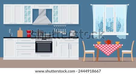 Modern kitchen interior with furniture and cooking devices. graphic design template. Working surface for cooking. vector illustration in flat design