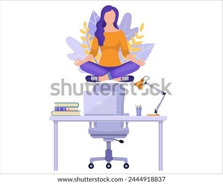 Businesswoman doing yoga to calm down the stressful emotion from hard work in office over desk with office Concept of meditation . Vector illustration in flat style