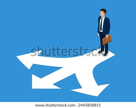 Choice way concept 3d isometric. Businessman before choosing. Crossroads arrows. Decide direction. Human standing choice of ways. Vector illustration flat style