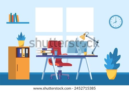 Office interior. Business workplace. Modern office room with window, desk and computer. Vector illustration in flat style