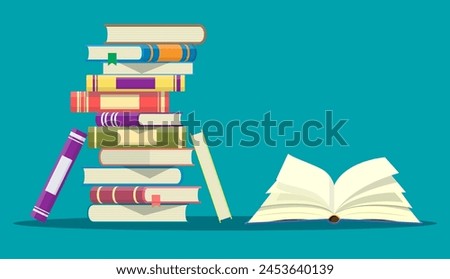 Open book with an upside down pages and pile of books. Reading, education, e-book, literature, encyclopedia. Vector illustration in flat style