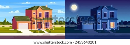 Day and night house. Street in suburb district with residential house. cartoon landscape with suburban cottage. City neighborhood with real estate property. Vector illustration in a flat style