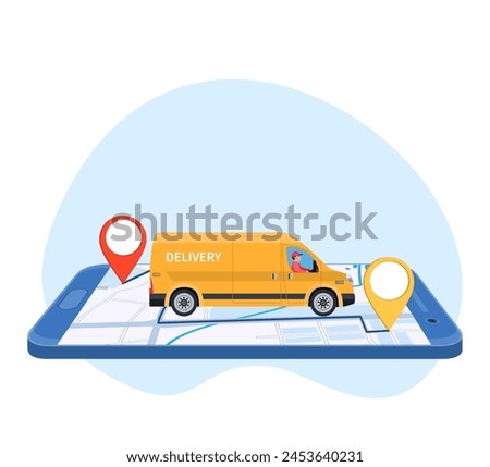 Online delivery service concept, online order tracking, delivery home and office. truck van courier. Isometric concept, goods shipping, food online ordering. Vector illustration in flat style