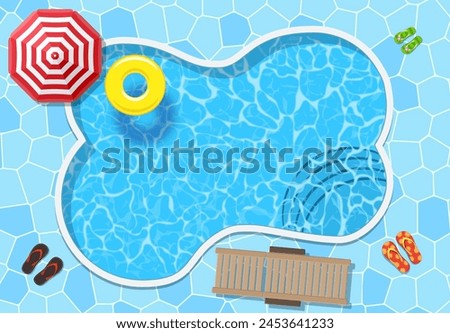 Top view of swimming pool with parasol and other beach things. Vector illustration in flat style