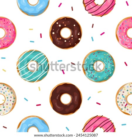 Donuts seamless pattern. Cute sweet food baby background. Colorful design for textile, wallpaper, fabric, decor. Template for design. Vector illustration in flat style