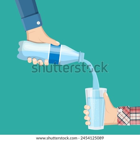 Human is picking up a glass of water from a plastic bottle. A cool mineral natural drink. Glass and bottle holding in hand. Vector illustration in flat style