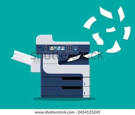 Professional office copier, multifunction printer printing paper documents. Printer and copier machine for office work. Vector illustration in flat style