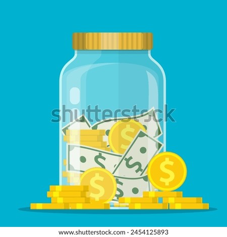 Money Jar. Saving dollar coin in jar.Save your money concept. Vector illustration in flat style