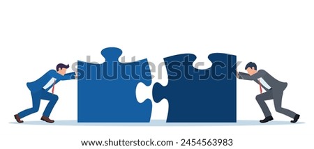Businessmen pushing two jigsaw puzzle elements. Business concept. Teamwork metaphor. Symbol of working together, cooperation, partnership. Vector illustration in flat style.